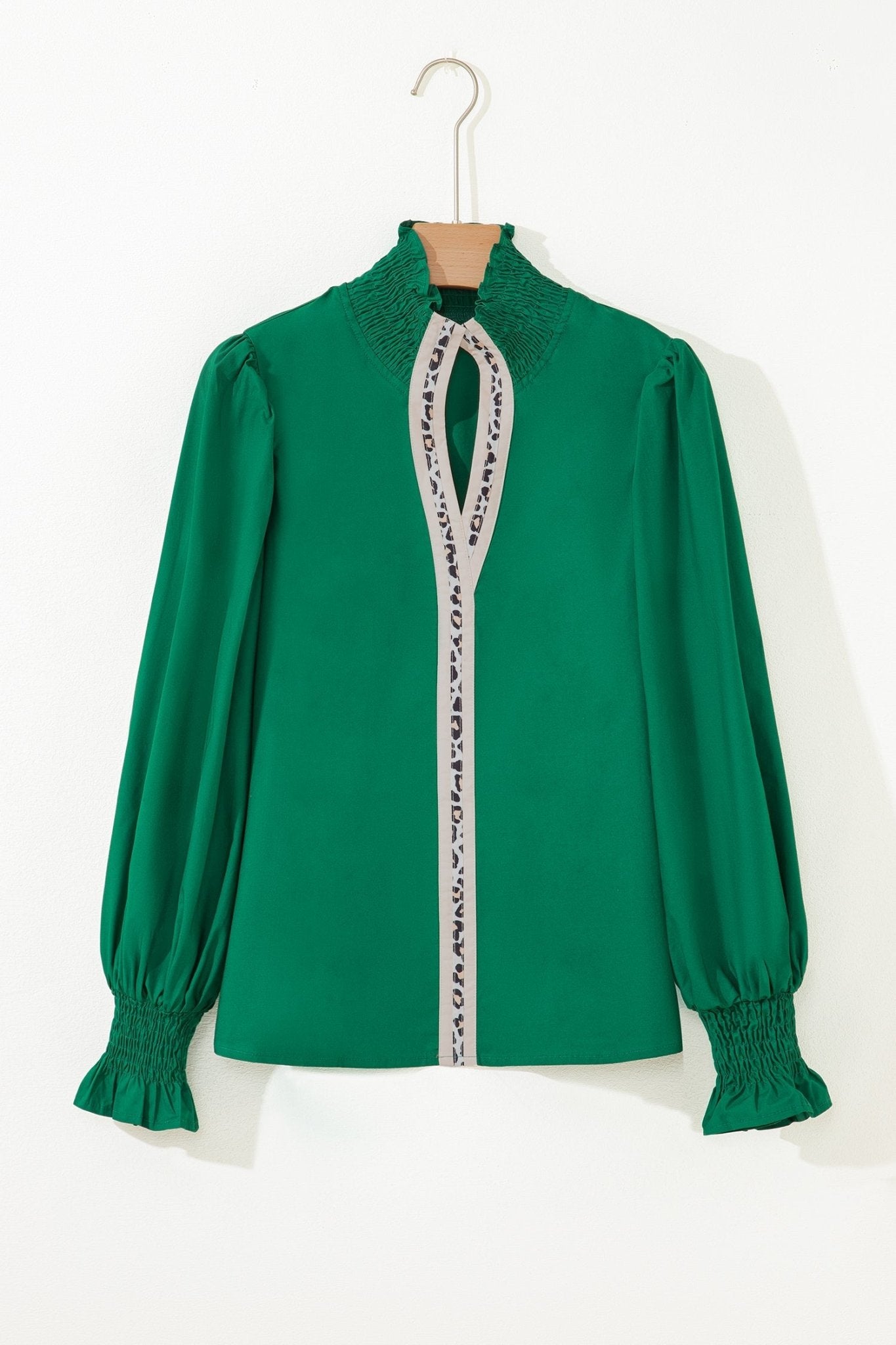 Leopard Trim V-Neck Puffy Flounce Sleeve Blouse - Rooted & Reckless Co.