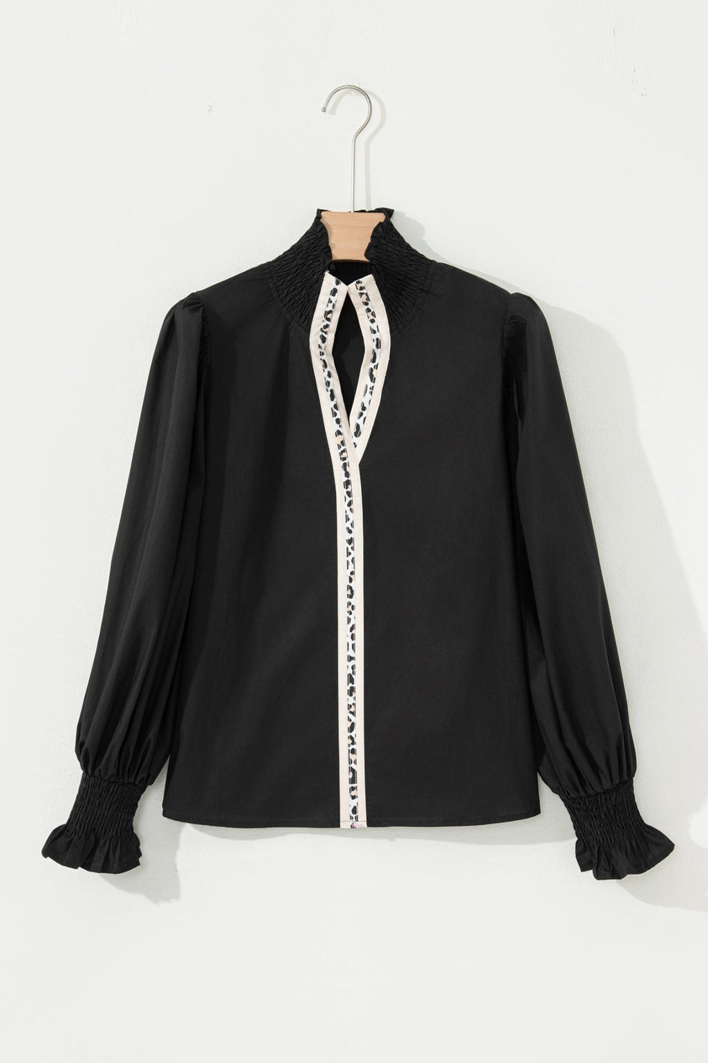 Leopard Trim V-Neck Puffy Flounce Sleeve Blouse - Rooted & Reckless Co.