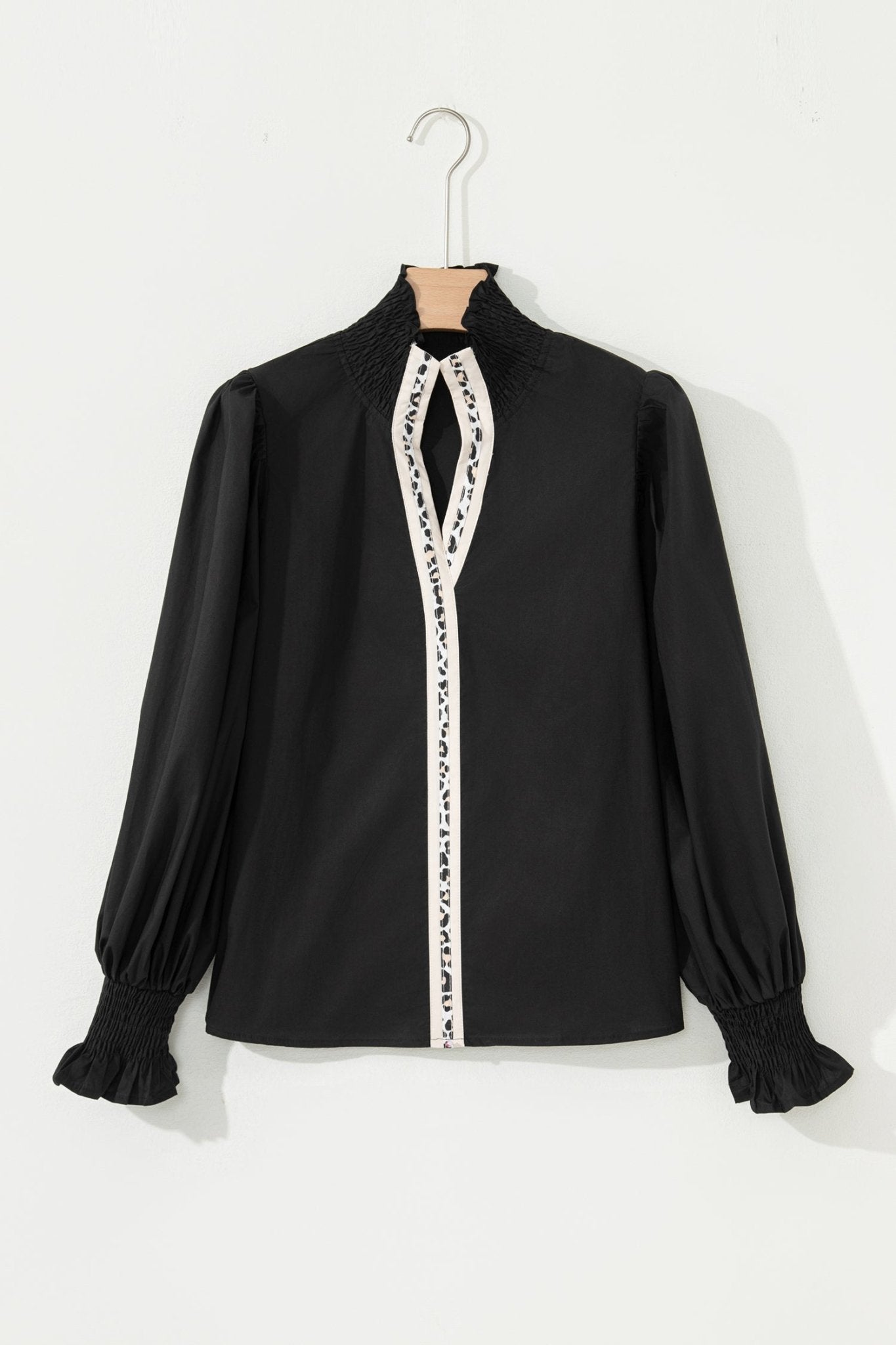 Leopard Trim V-Neck Puffy Flounce Sleeve Blouse - Rooted & Reckless Co.