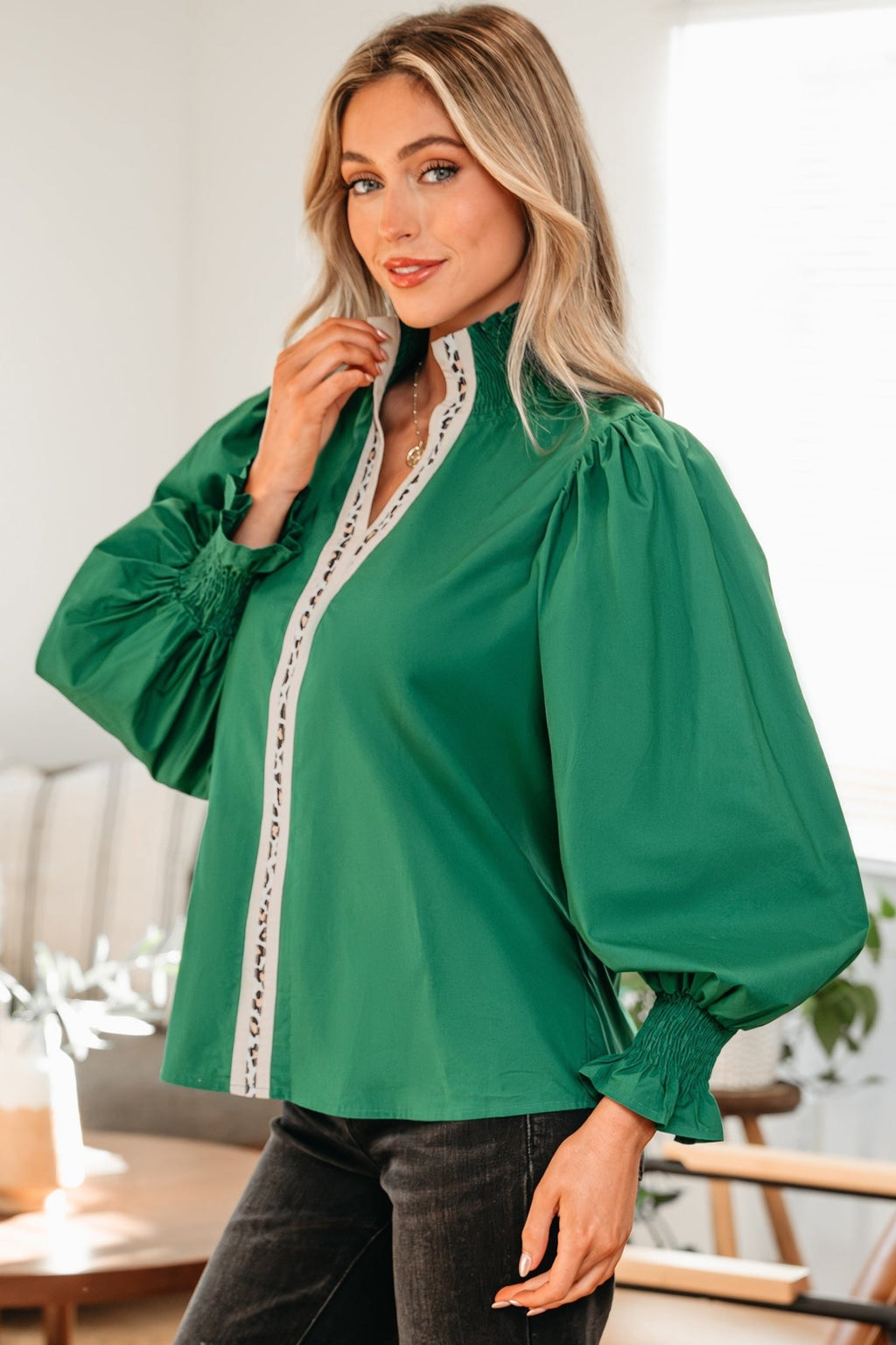 Leopard Trim V-Neck Puffy Flounce Sleeve Blouse - Rooted & Reckless Co.