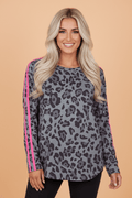 Leopard Varsity Stripe Trim Long Sleeve Top - Rooted & Reckless Co.