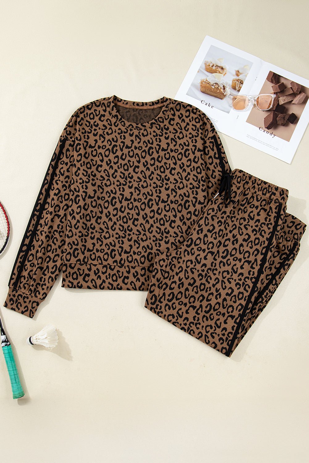 Leopard Varsity Stripe Trim Top & Drawstring Pants Set - Rooted & Reckless Co.