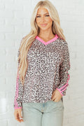 Leopard Varsity Stripe V-Neck Long Sleeve Top - Rooted & Reckless Co.