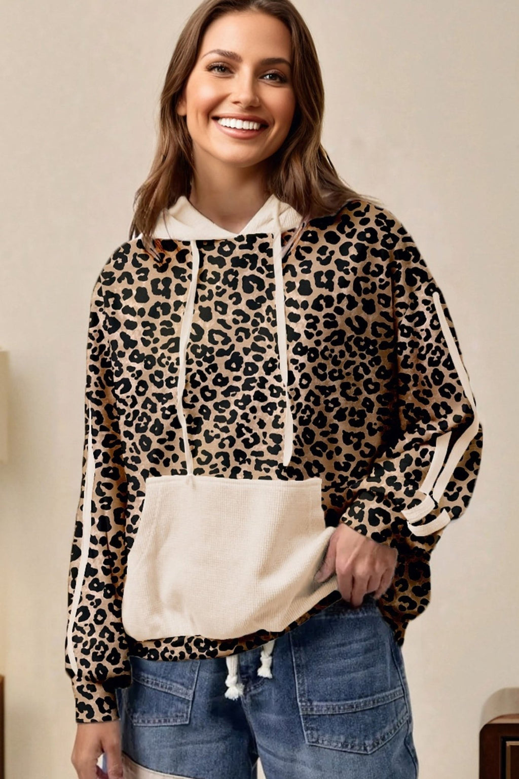 Leopard Waffle Knit Kangaroo Pocket Hooded Sweatshirt - Rooted & Reckless Co.