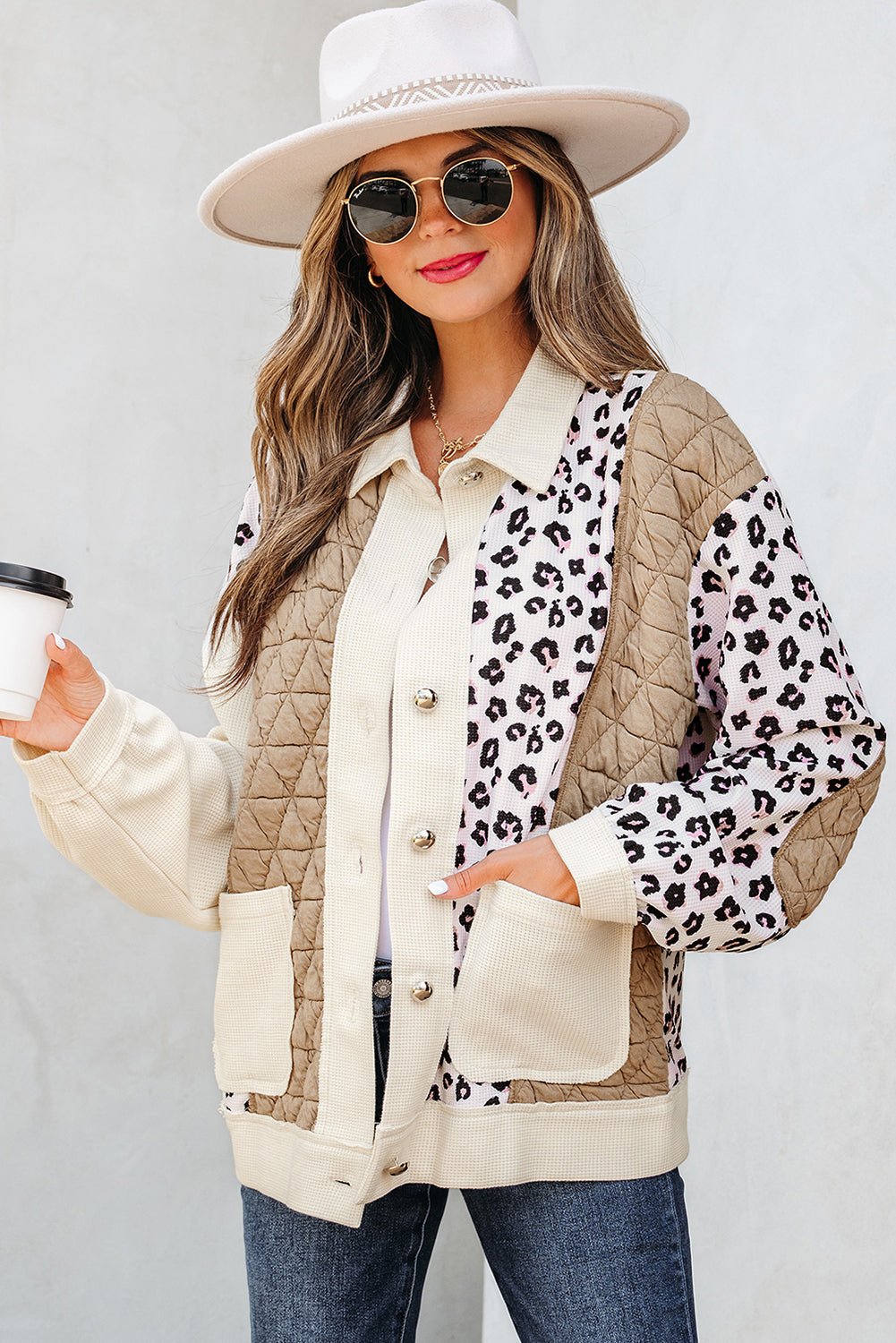 Leopard Waffle Quilted Patchwork Button Front Jacket - Rooted & Reckless Co.