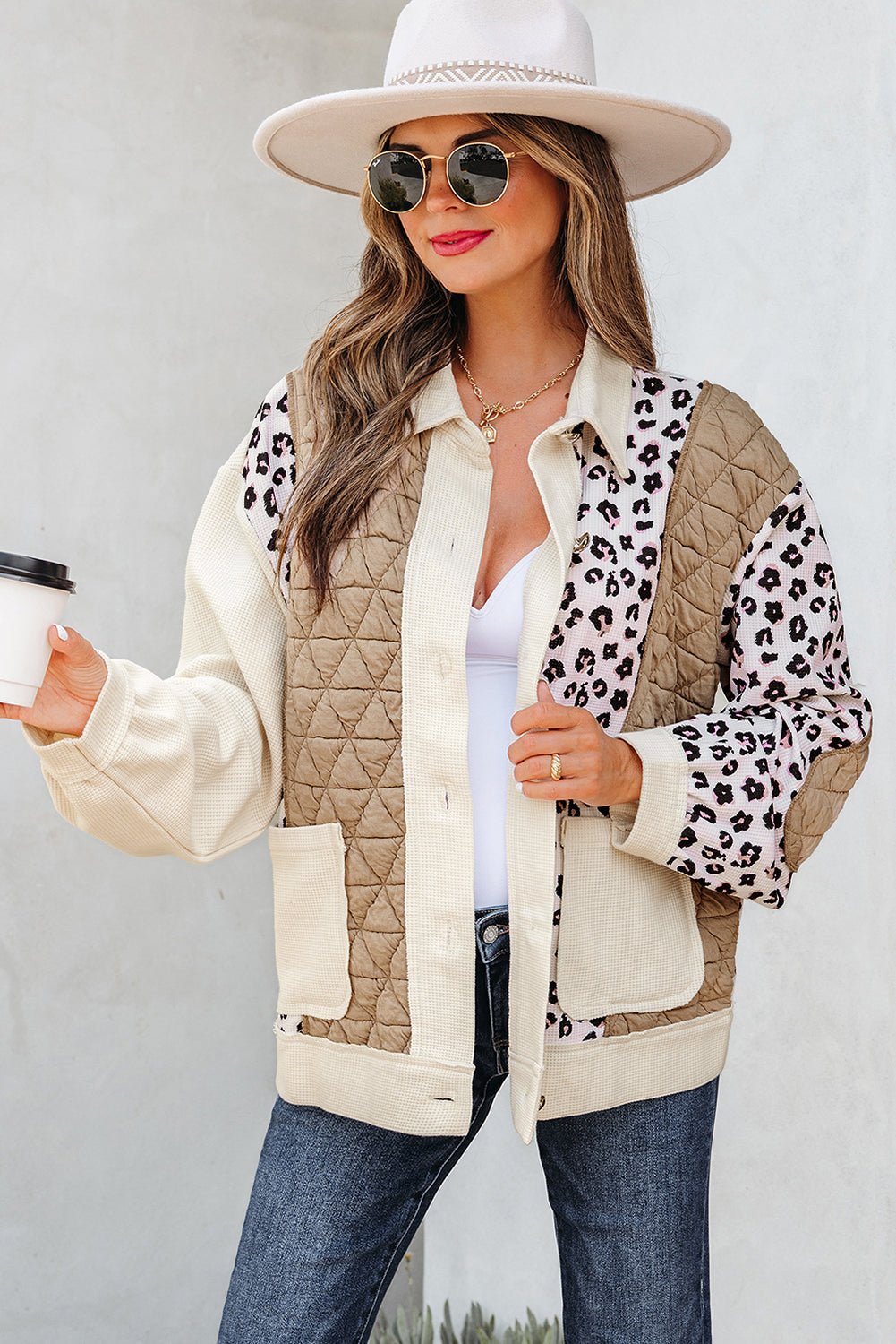 Leopard Waffle Quilted Patchwork Button Front Jacket - Rooted & Reckless Co.