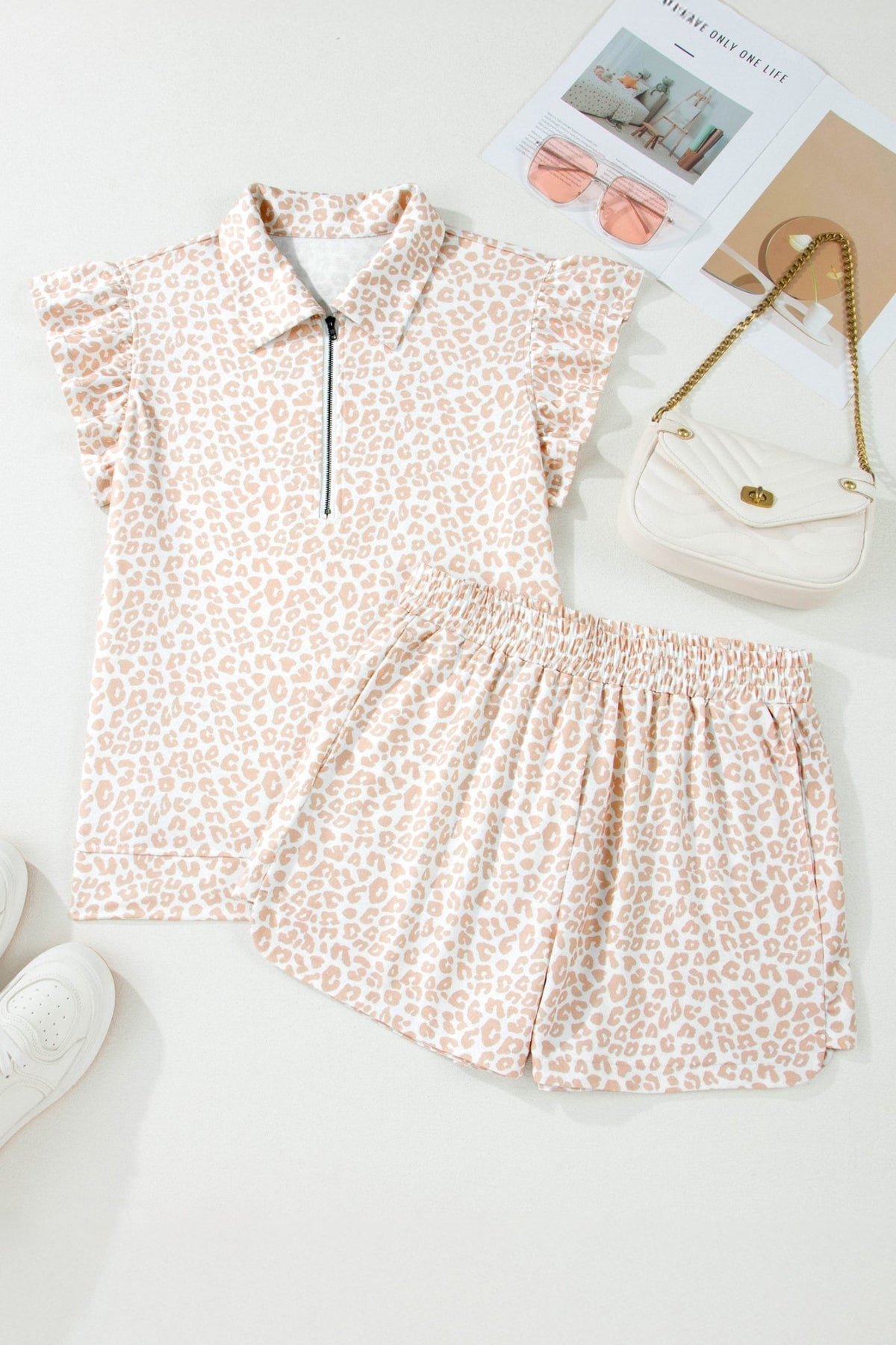 Leopard Zip Polo Top & Elastic Shorts Set - Rooted & Reckless Co.