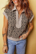 Leopard Zip-Up Collared Cap Sleeve Top - Rooted & Reckless Co.