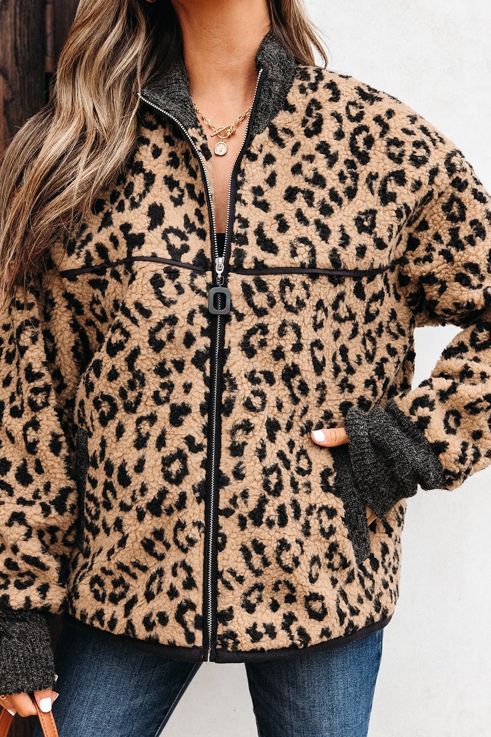 Leopard Zip-Up Stand Neck Side Pocket Jacket - Rooted & Reckless Co.