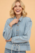 Light Wash Denim Drawstring Hem Buttoned Jacket - Rooted & Reckless Co.
