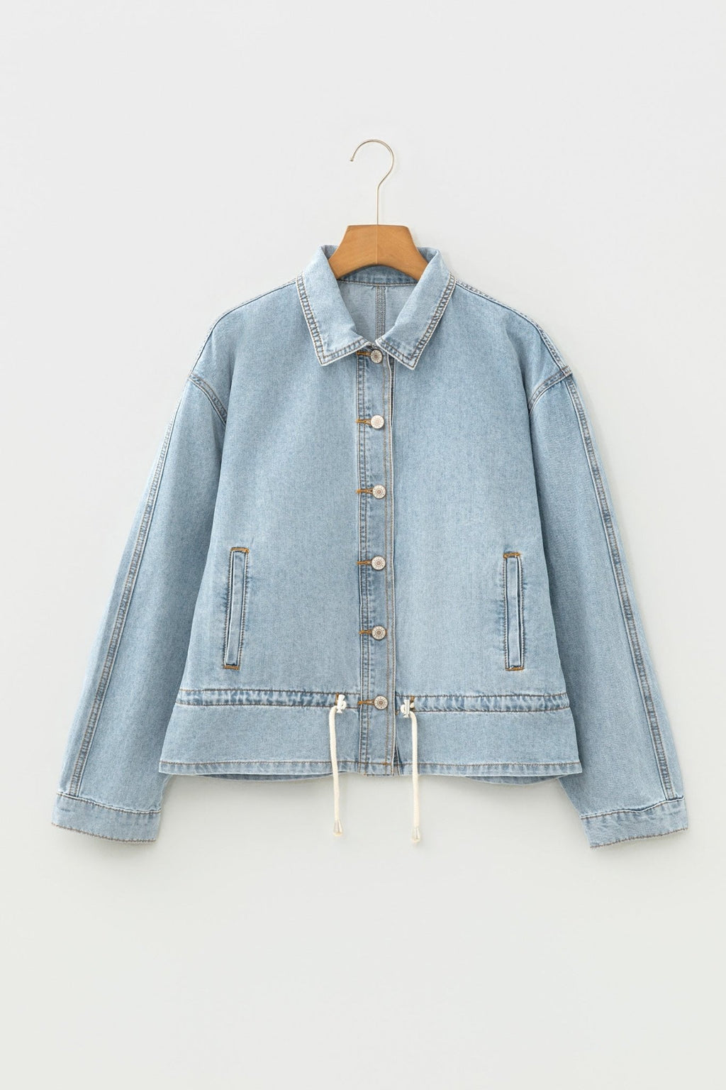 Light Wash Denim Drawstring Hem Buttoned Jacket - Rooted & Reckless Co.