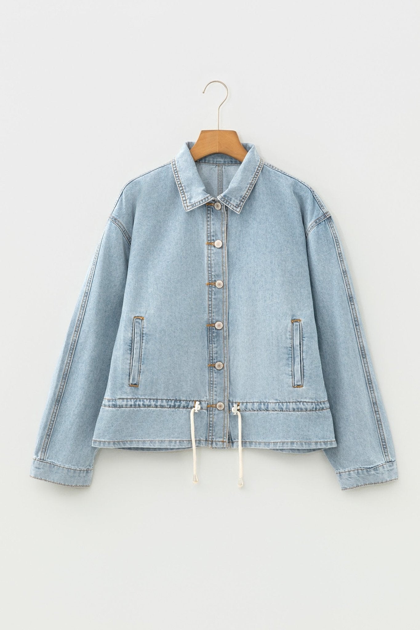 Light Wash Denim Drawstring Hem Buttoned Jacket - Rooted & Reckless Co.