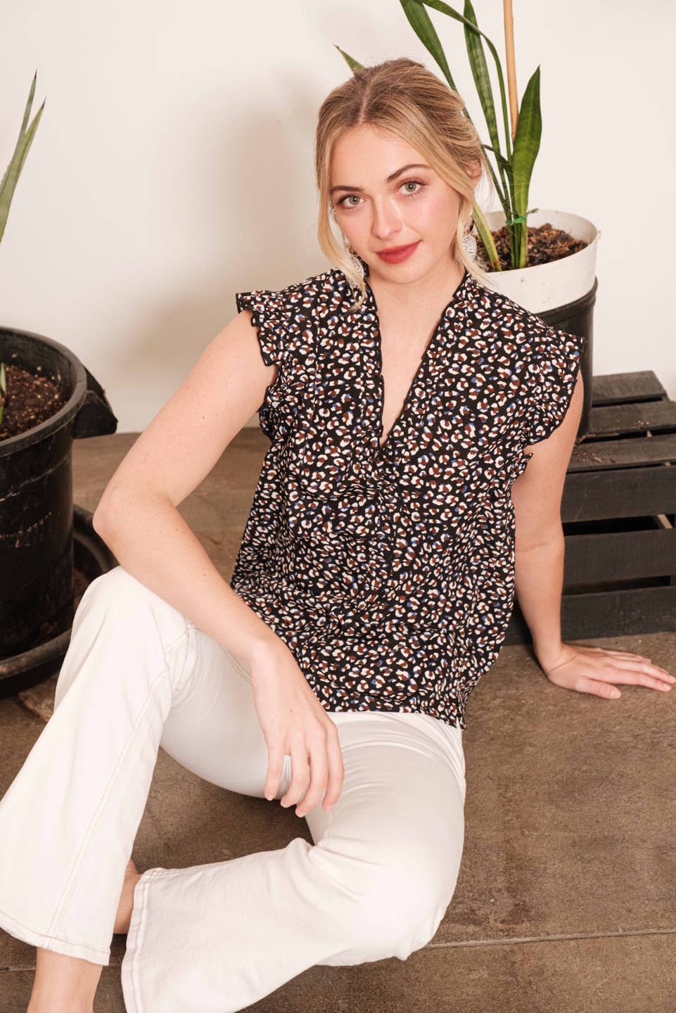 LIME N CHILI Dot Print Sleeveless Button-Down Western Blouse — V-Neckline with Ruffle Trim - Rooted & Reckless Co.