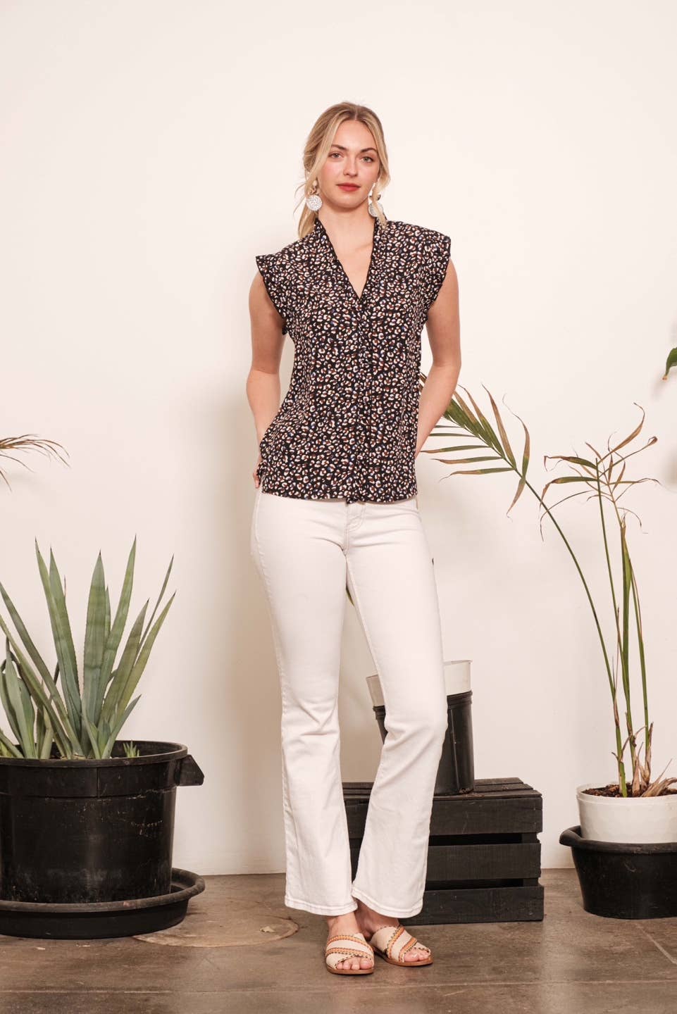 LIME N CHILI Dot Print Sleeveless Button-Down Western Blouse — V-Neckline with Ruffle Trim - Rooted & Reckless Co.