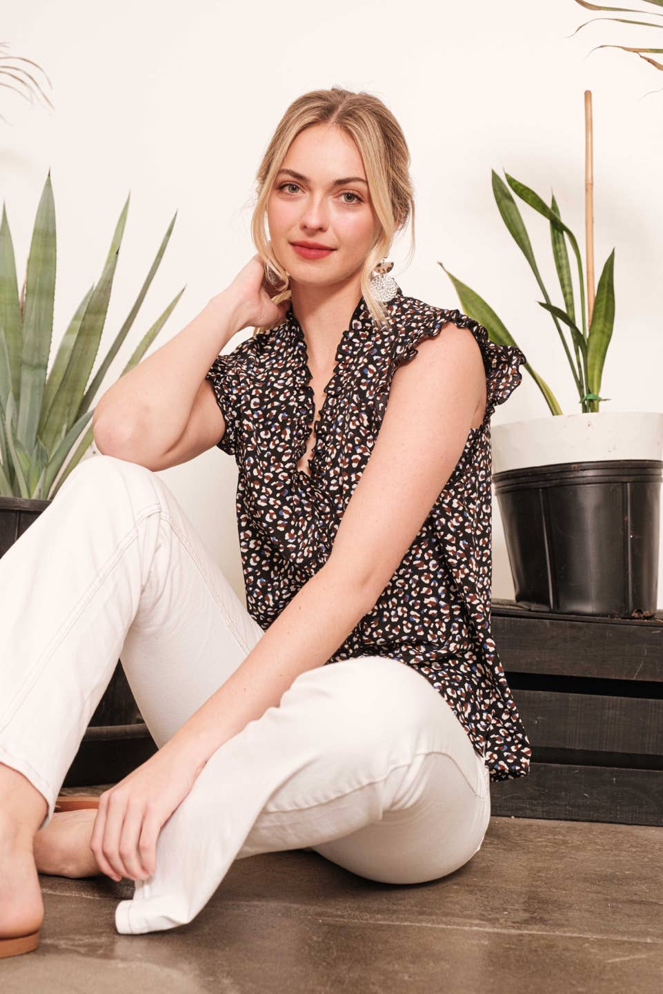 LIME N CHILI Dot Print Sleeveless Button-Down Western Blouse — V-Neckline with Ruffle Trim - Rooted & Reckless Co.