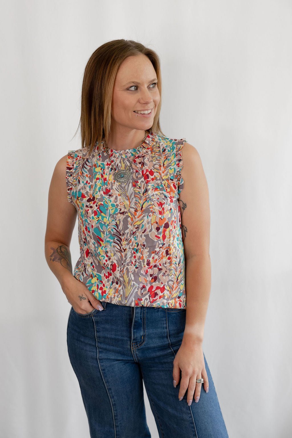 LIME N CHILI Graphic Print Ruffle Mock Neck Sleeveless Western Top — Keyhole Back Detail (Medium remaining) - Rooted & Reckless Co.