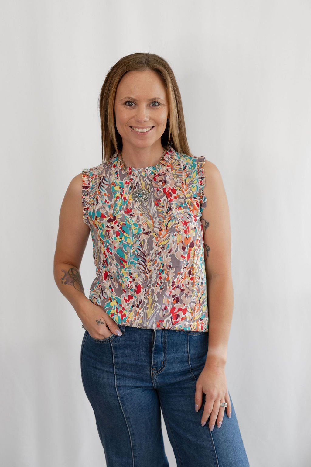 LIME N CHILI Graphic Print Ruffle Mock Neck Sleeveless Western Top — Keyhole Back Detail (Medium remaining) - Rooted & Reckless Co.