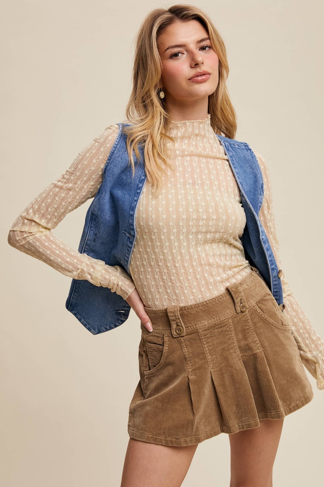 Listicle Lace Long-Sleeve Western Layering Top — Textured High Neck with Ruffle Detail (Tan or Butter) - Rooted & Reckless Co.