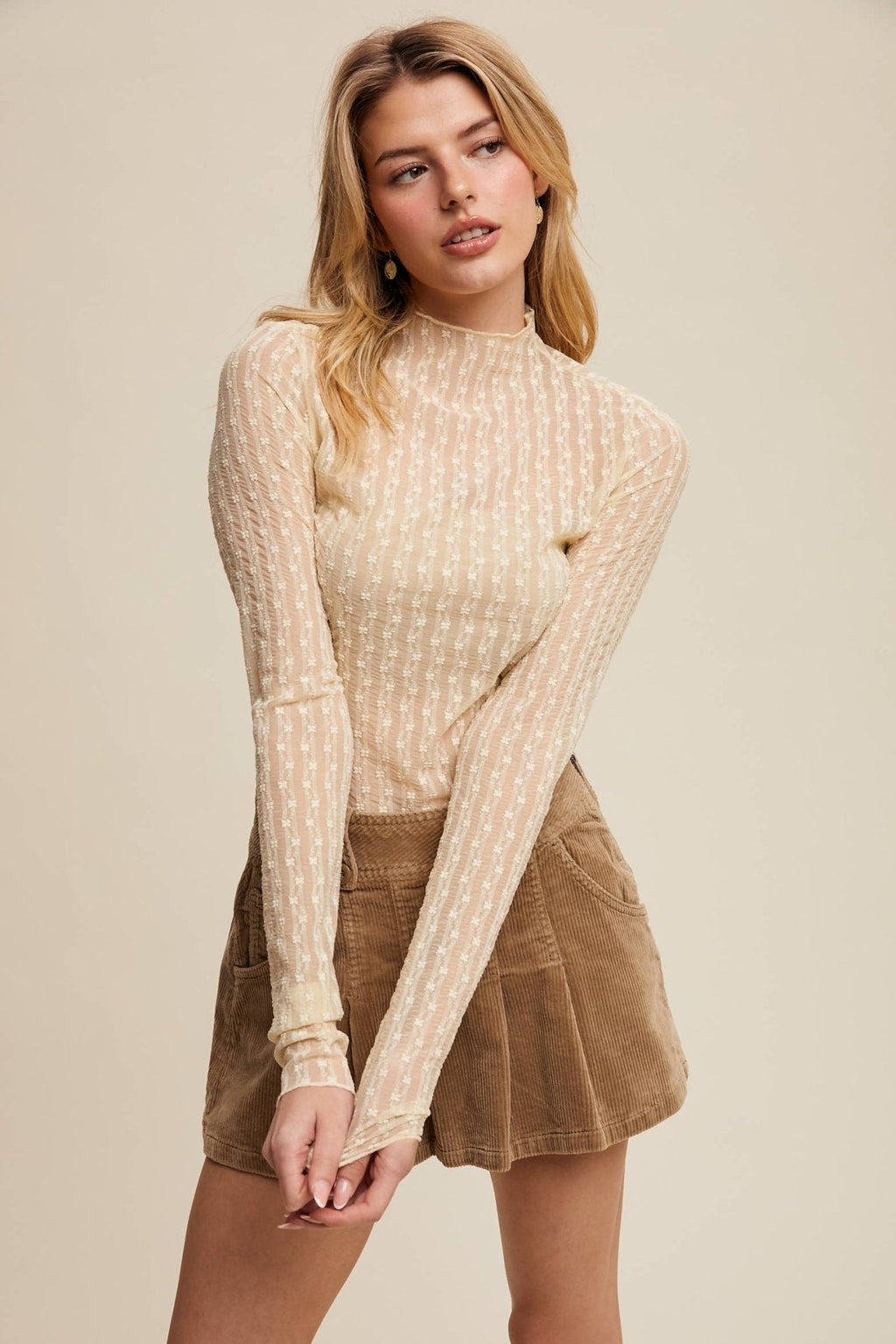 Listicle Lace Long-Sleeve Western Layering Top — Textured High Neck with Ruffle Detail (Tan or Butter) - Rooted & Reckless Co.