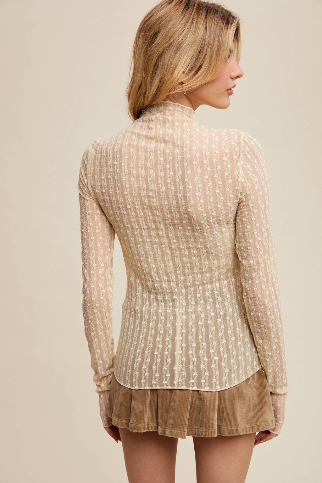 Listicle Lace Long-Sleeve Western Layering Top — Textured High Neck with Ruffle Detail (Tan or Butter) - Rooted & Reckless Co.