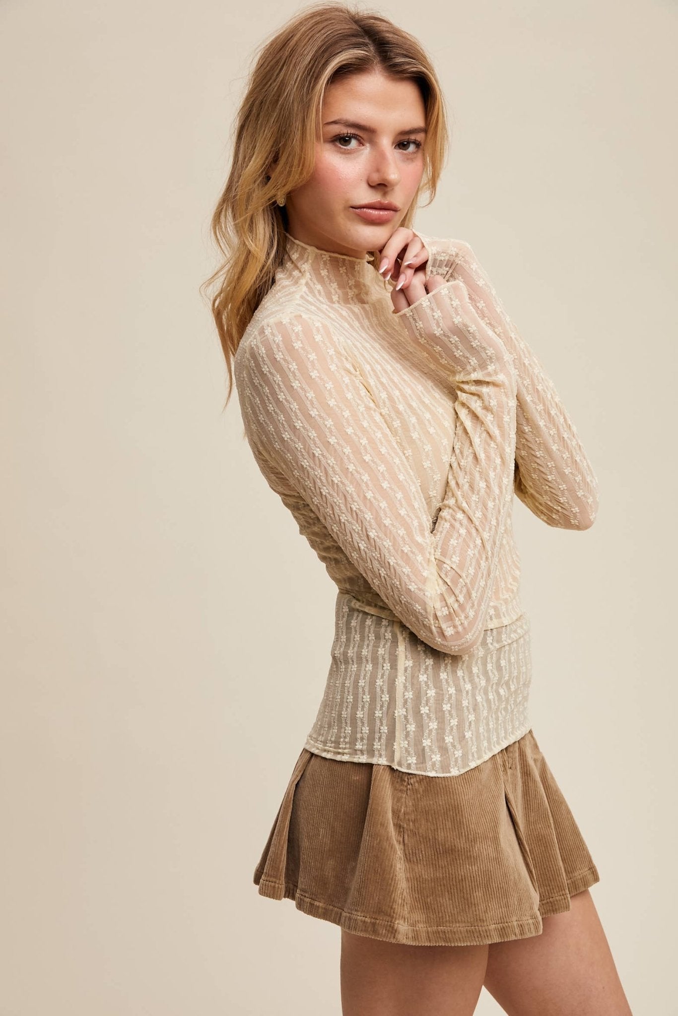Listicle Lace Long-Sleeve Western Layering Top — Textured High Neck with Ruffle Detail (Tan or Butter) - Rooted & Reckless Co.