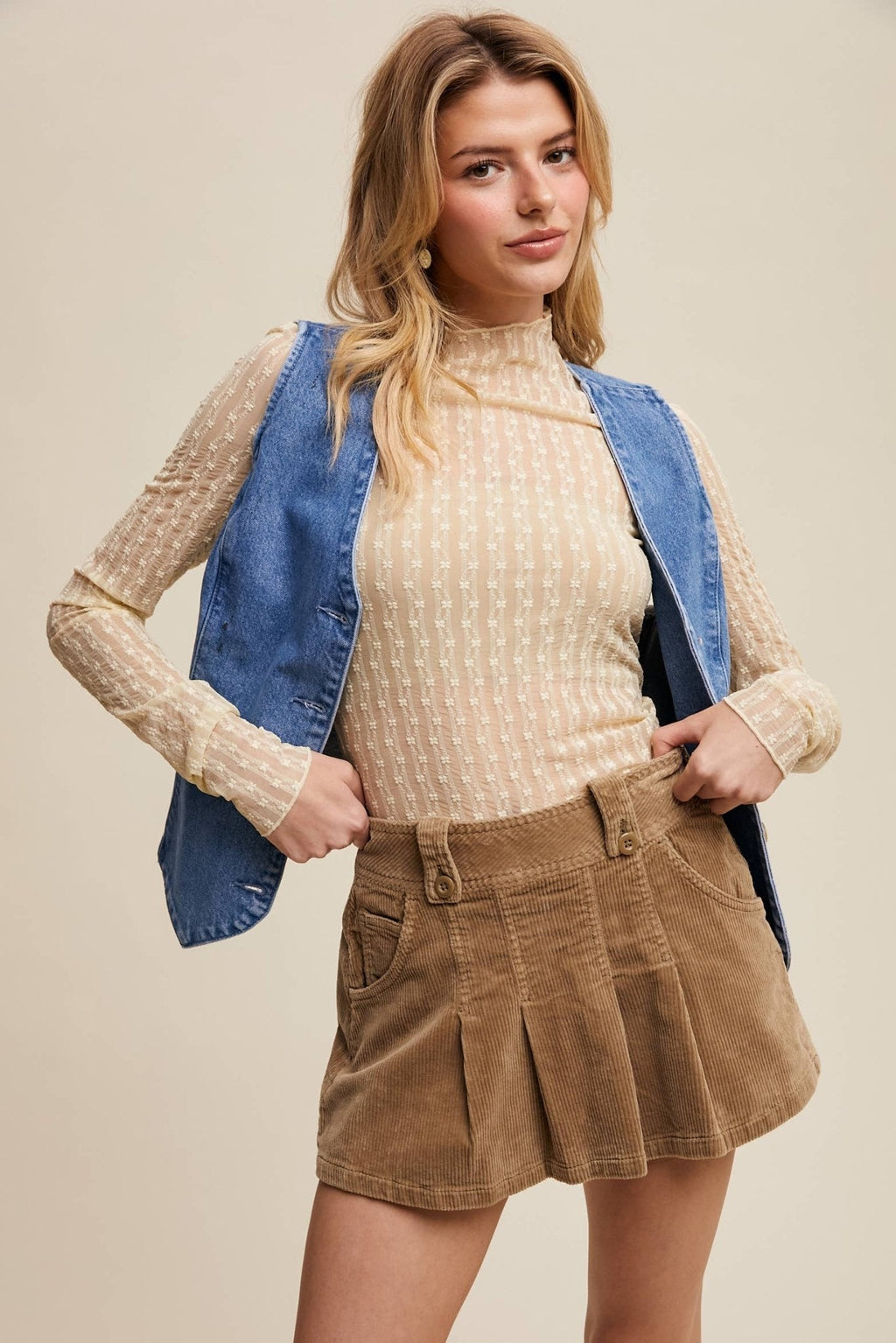 Listicle Lace Long-Sleeve Western Layering Top — Textured High Neck with Ruffle Detail (Tan or Butter) - Rooted & Reckless Co.