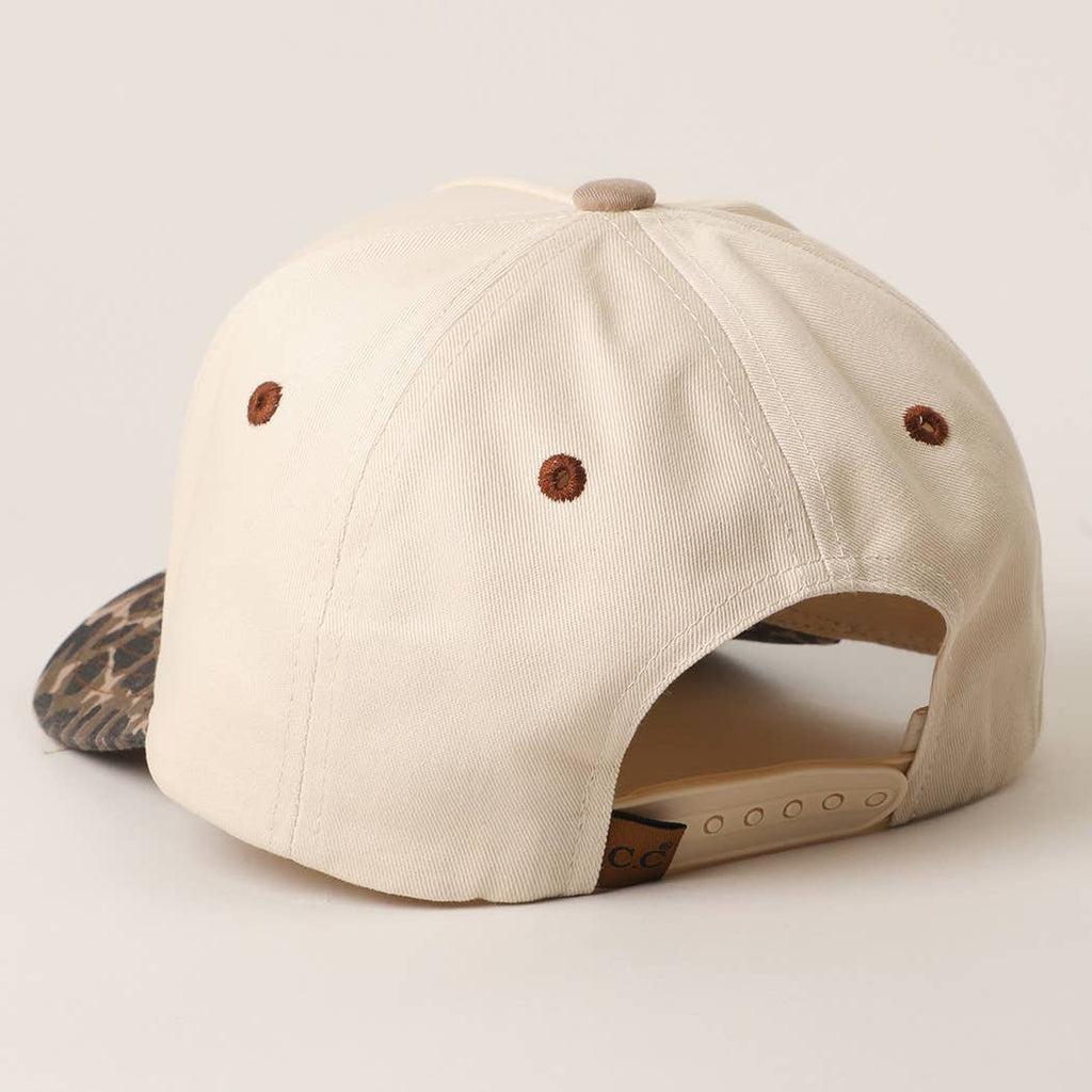 "Literally Just a Cowgirl" Leopard Brim Trucker Hat — Cream Front with Bold Embroidery (Multiple Thread Colors) - Rooted & Reckless Co.