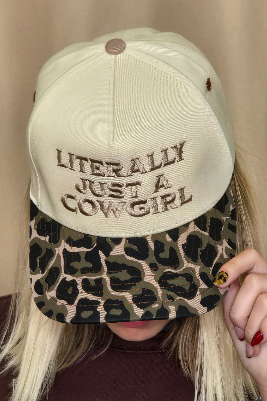 "Literally Just a Cowgirl" Leopard Brim Trucker Hat — Cream Front with Bold Embroidery (Multiple Thread Colors) - Rooted & Reckless Co.