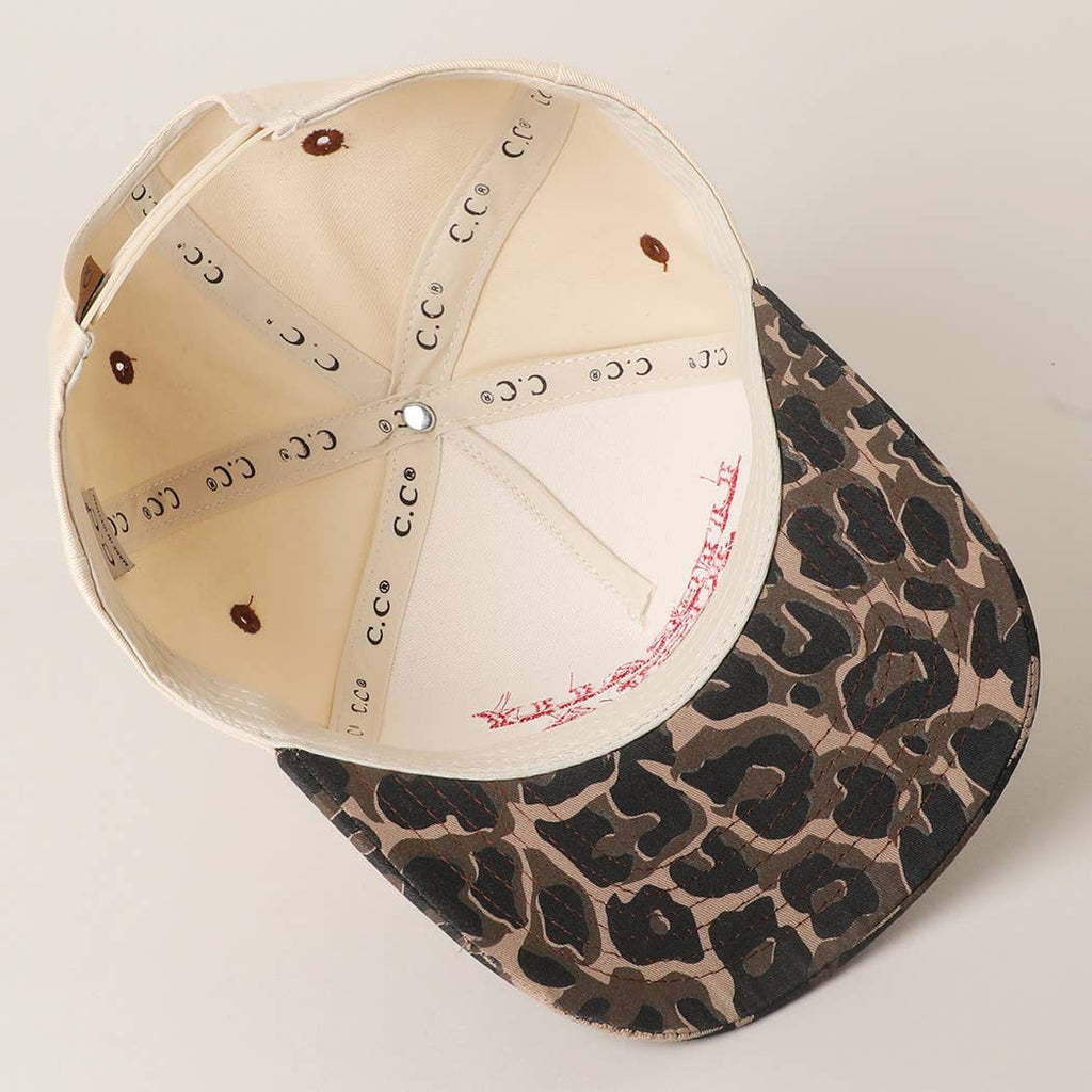 "Literally Just a Cowgirl" Leopard Brim Trucker Hat — Cream Front with Bold Embroidery (Multiple Thread Colors) - Rooted & Reckless Co.