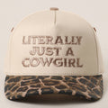 "Literally Just a Cowgirl" Leopard Brim Trucker Hat — Cream Front with Bold Embroidery (Multiple Thread Colors) - Rooted & Reckless Co.