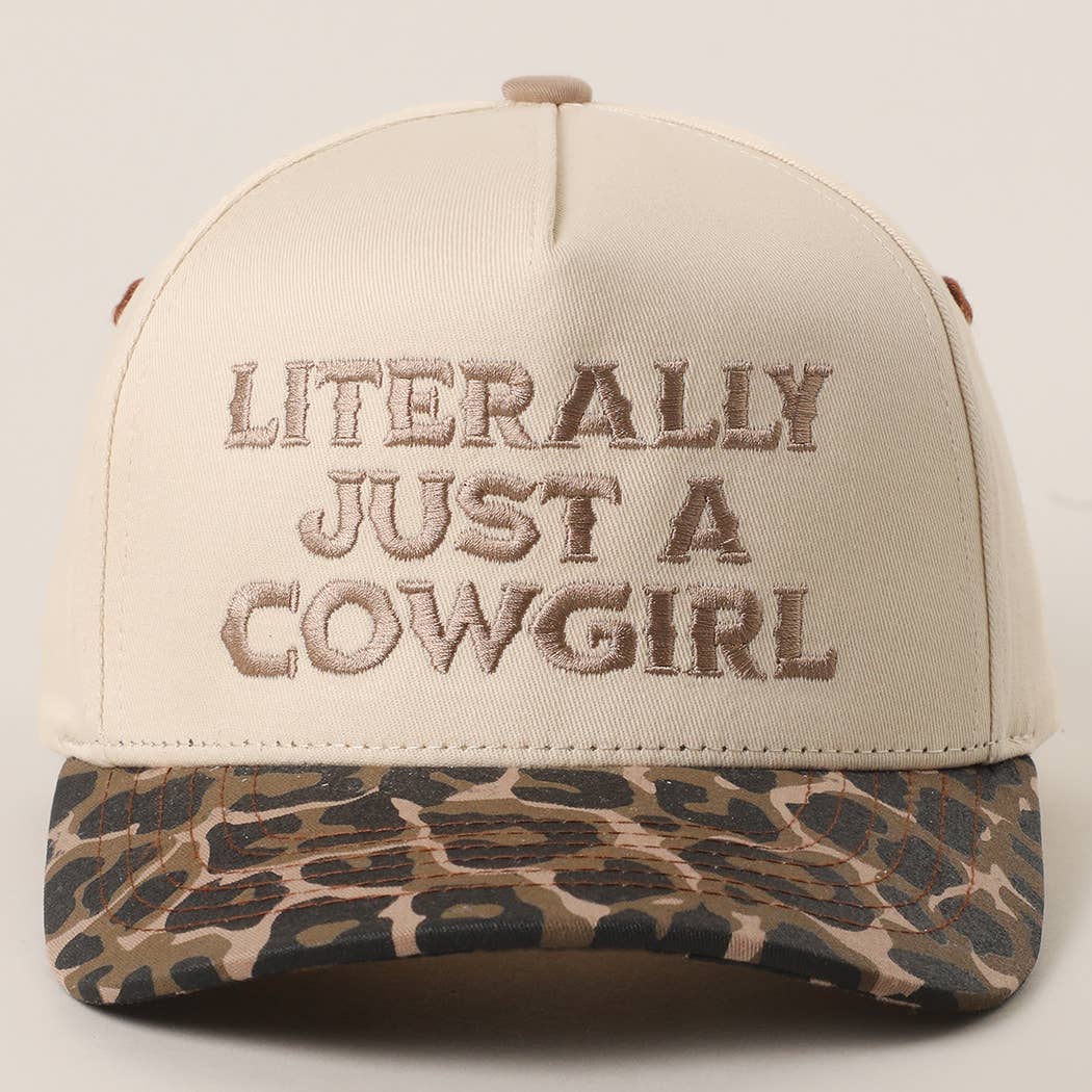 "Literally Just a Cowgirl" Leopard Brim Trucker Hat — Cream Front with Bold Embroidery (Multiple Thread Colors) - Rooted & Reckless Co.