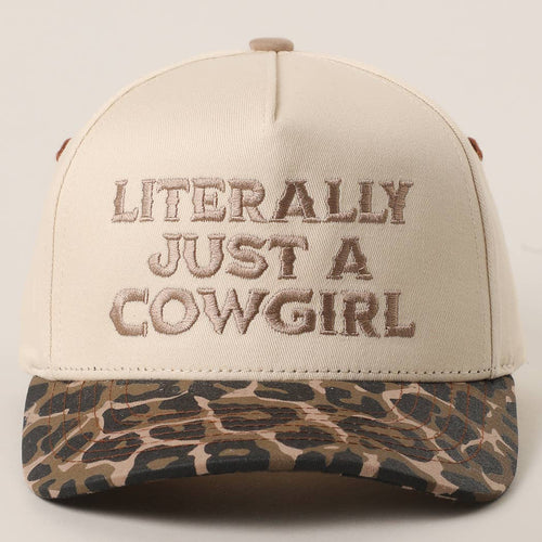 "Literally Just a Cowgirl" Leopard Brim Trucker Hat — Cream Front with Bold Embroidery (Multiple Thread Colors) - Rooted & Reckless Co.