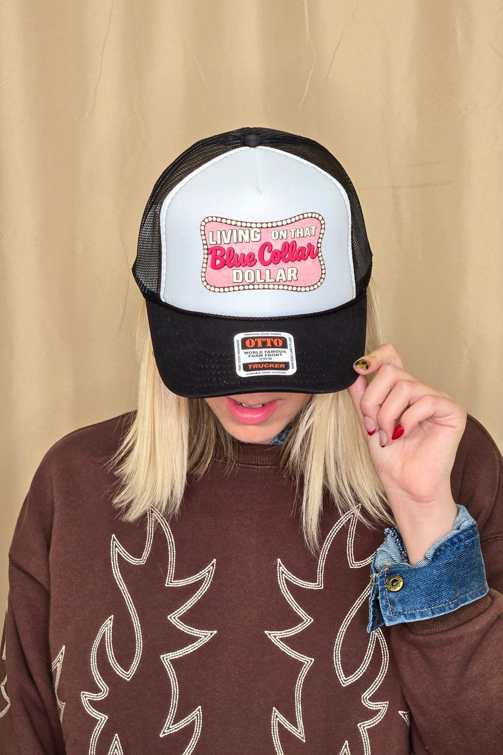 "Living on That Blue Collar Dollar" Trucker Hat — Otto 5-Panel Foam Front with Breathable Mesh Back - Rooted & Reckless Co.