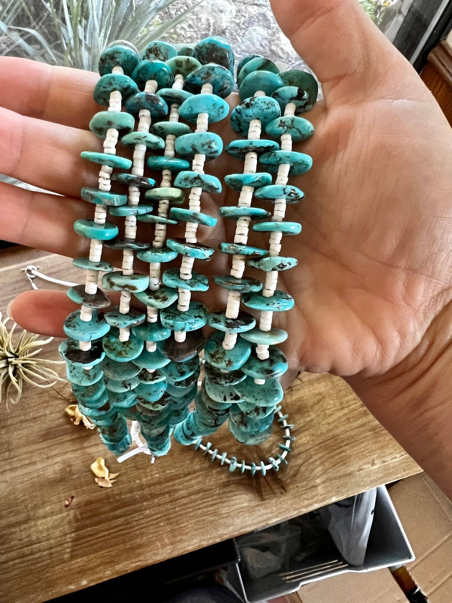 Long Blue Disk Turquoise & White Shell Western Necklace — 26" - Rooted & Reckless Co.