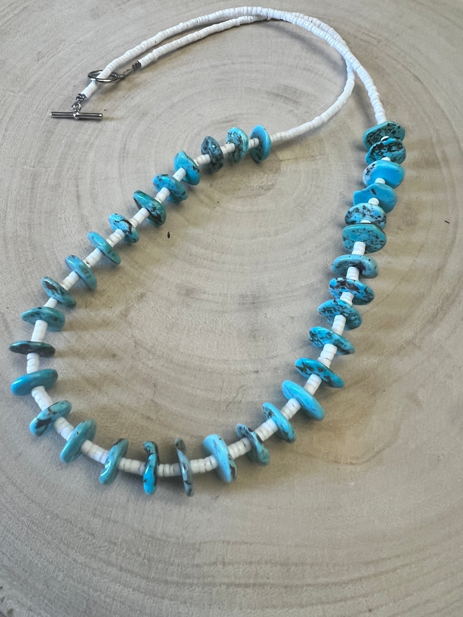 Long Blue Disk Turquoise & White Shell Western Necklace — 26" - Rooted & Reckless Co.