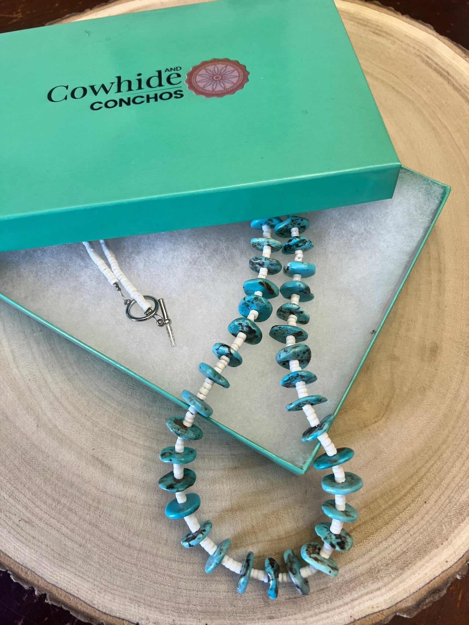 Long Blue Disk Turquoise & White Shell Western Necklace — 26" - Rooted & Reckless Co.