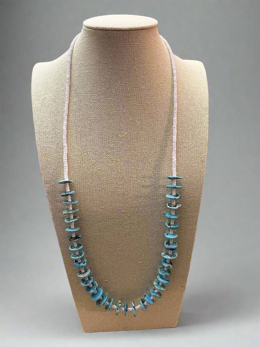 Long Blue Disk Turquoise & White Shell Western Necklace — 26" - Rooted & Reckless Co.