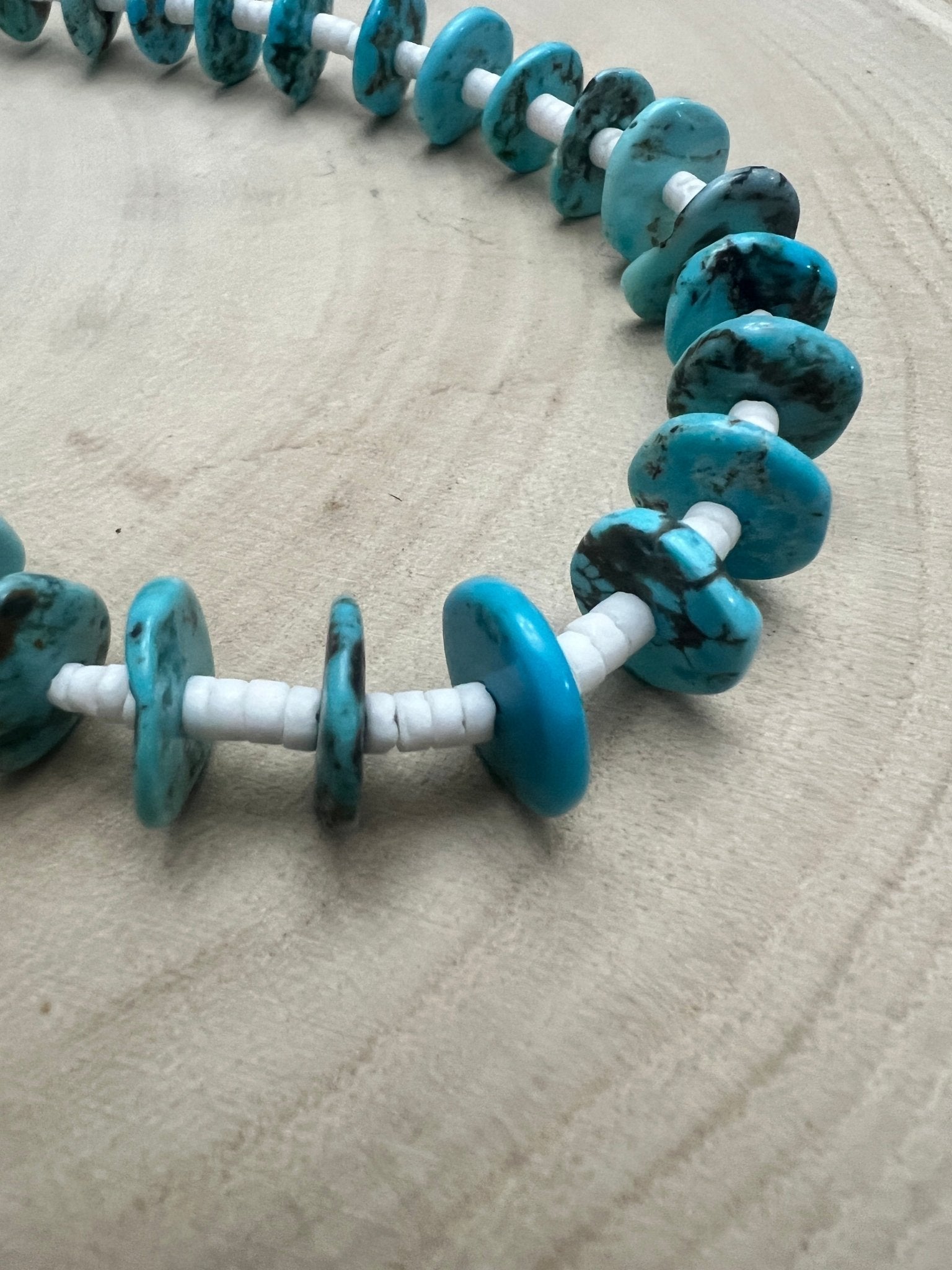 Long Blue Disk Turquoise & White Shell Western Necklace — 26" - Rooted & Reckless Co.