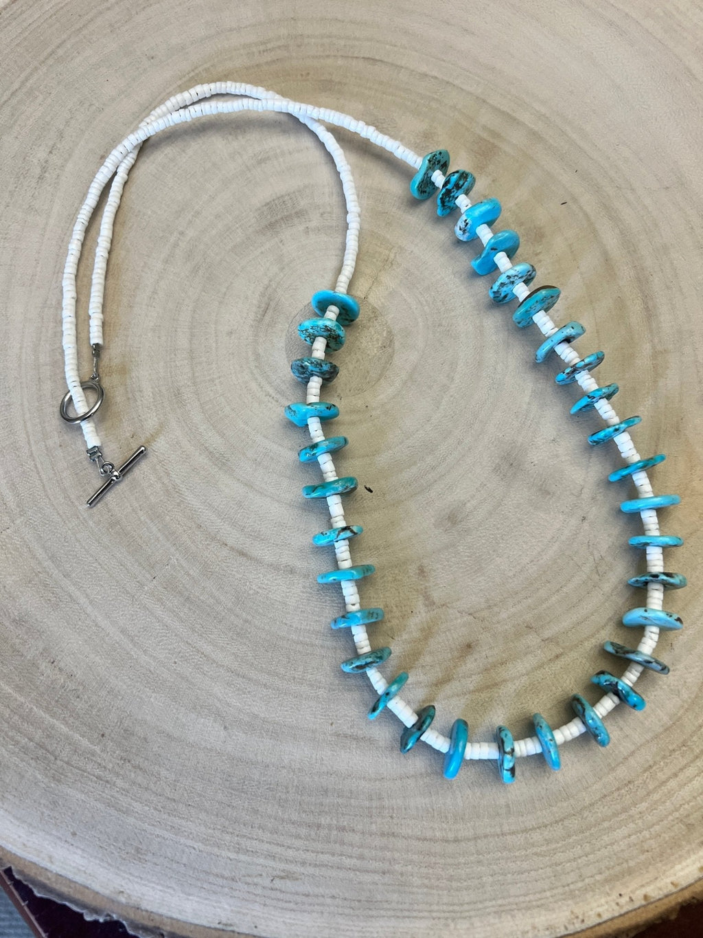 Long Blue Disk Turquoise & White Shell Western Necklace — 26" - Rooted & Reckless Co.