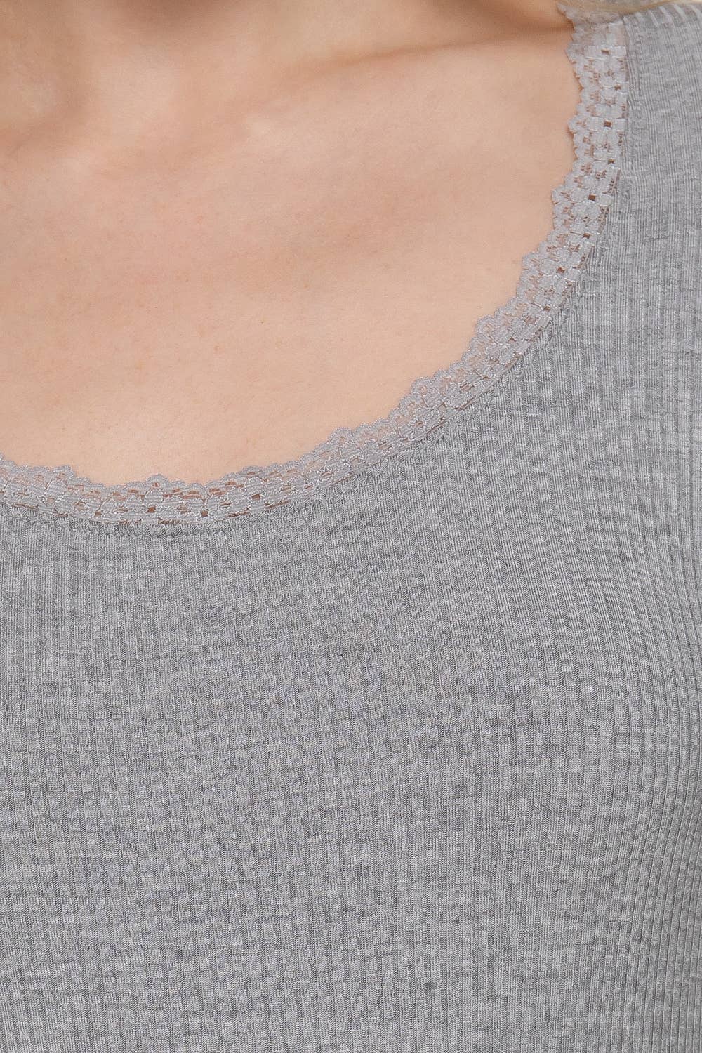 Long Sleeve Scoop Neck with Lace Trim Rib Knit Top - Rooted & Reckless Co.