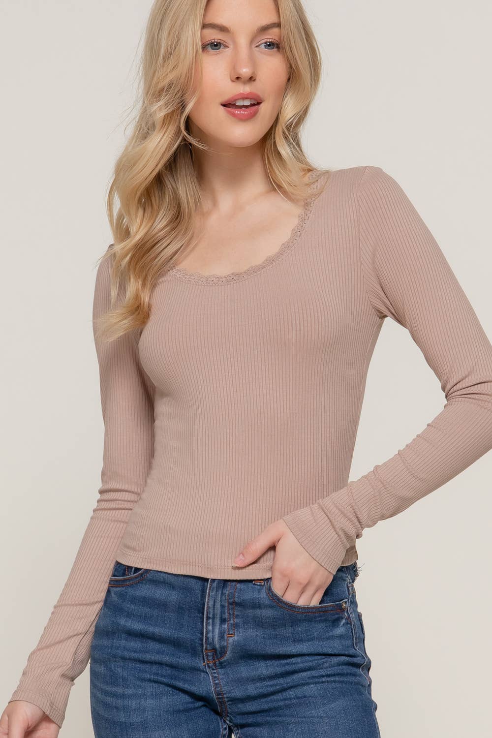 Long Sleeve Scoop Neck with Lace Trim Rib Knit Top - Rooted & Reckless Co.