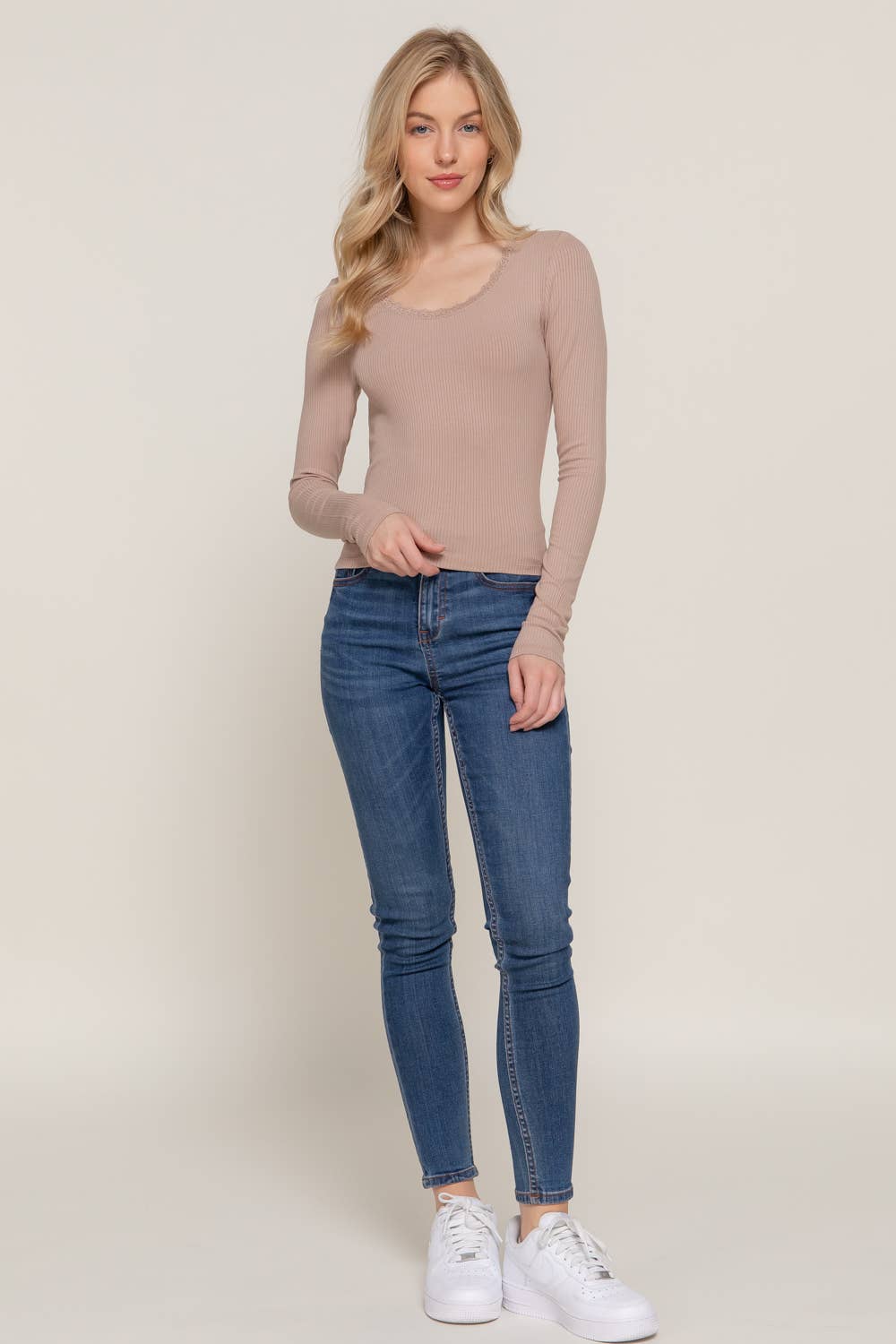 Long Sleeve Scoop Neck with Lace Trim Rib Knit Top - Rooted & Reckless Co.