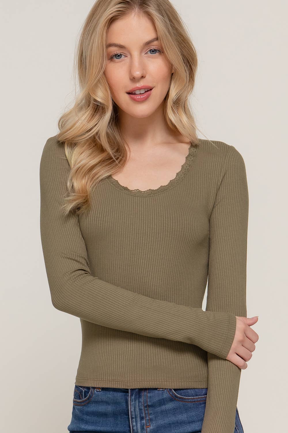 Long Sleeve Scoop Neck with Lace Trim Rib Knit Top - Rooted & Reckless Co.