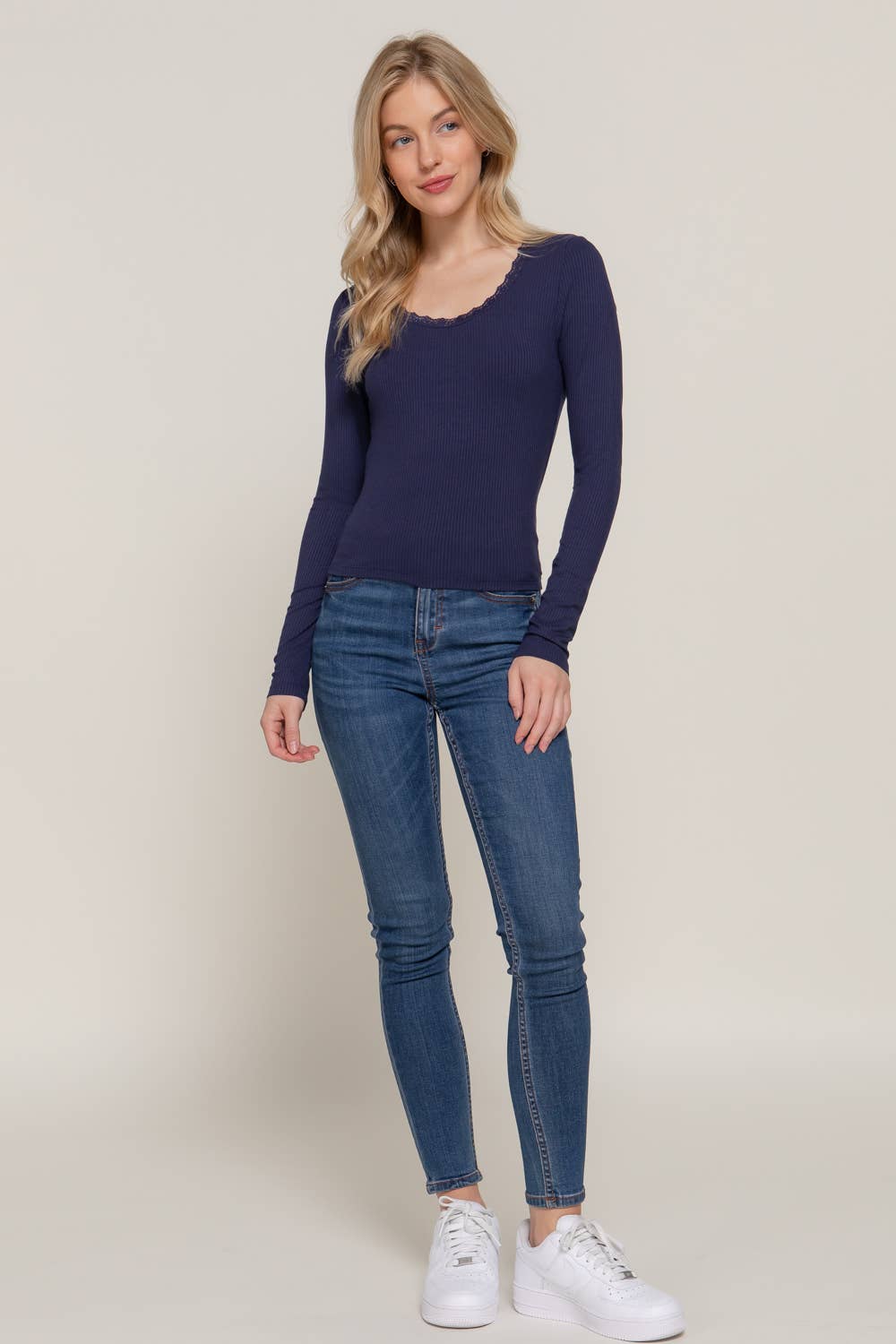 Long Sleeve Scoop Neck with Lace Trim Rib Knit Top - Rooted & Reckless Co.