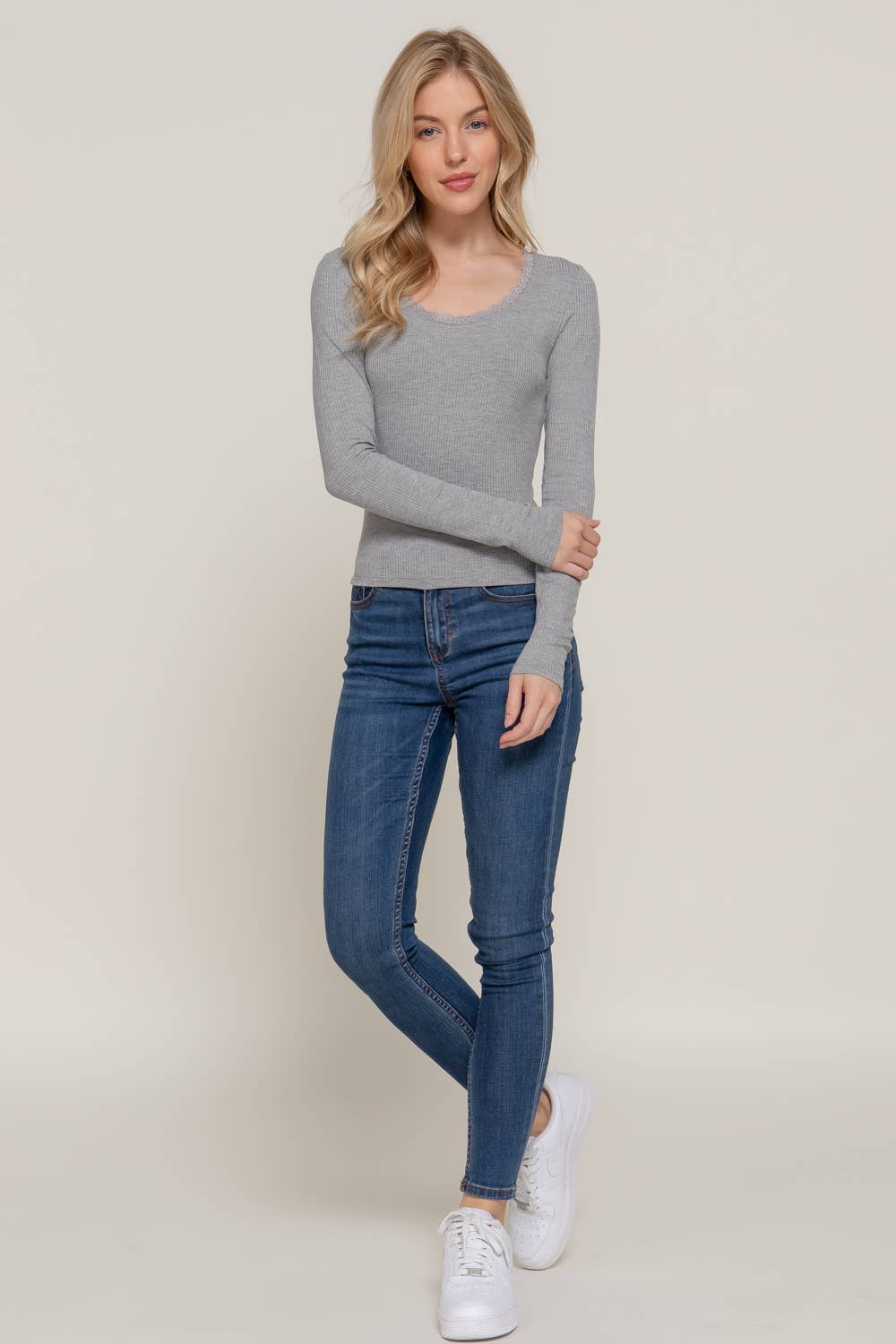 Long Sleeve Scoop Neck with Lace Trim Rib Knit Top - Rooted & Reckless Co.