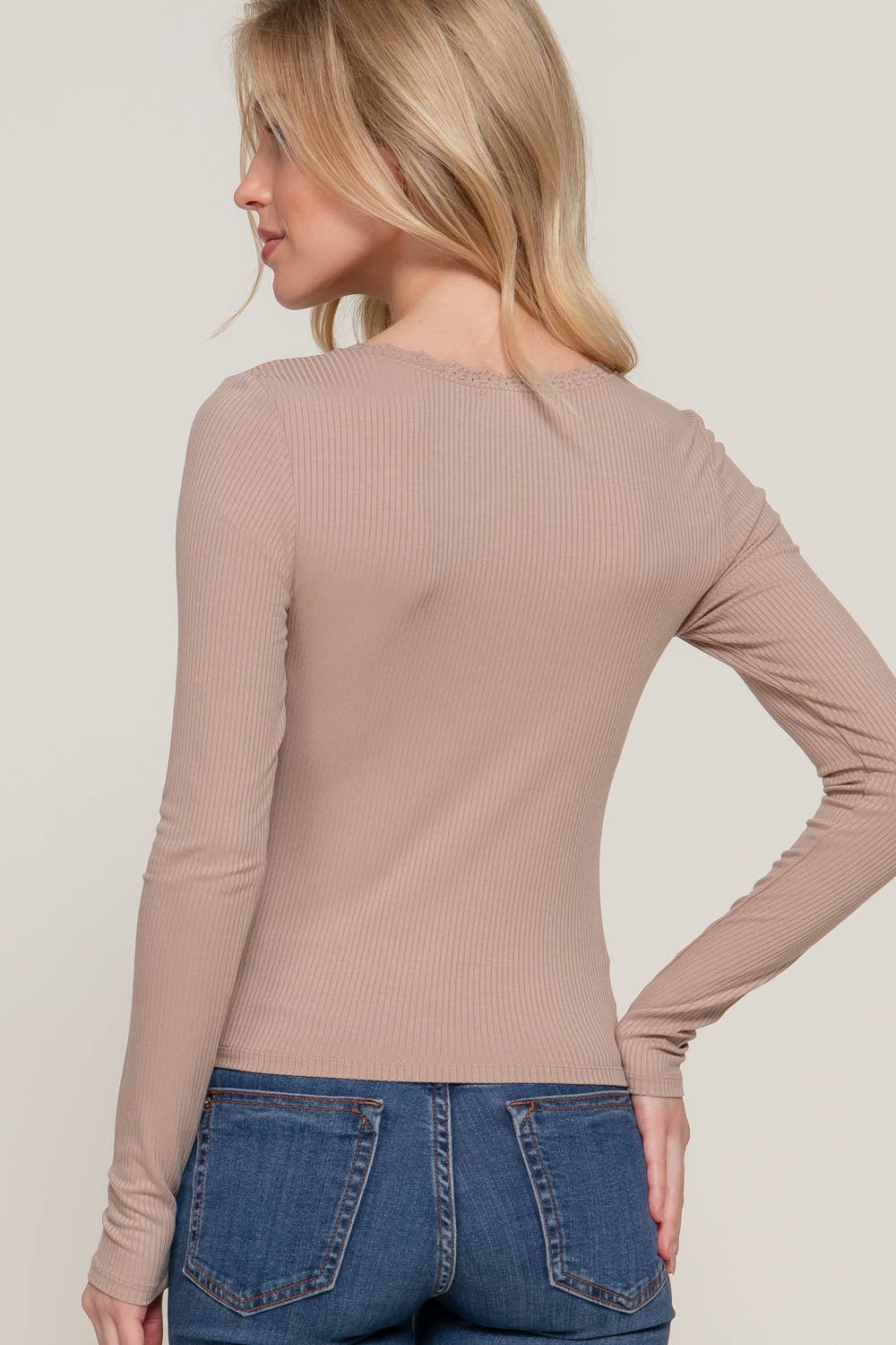 Long Sleeve Scoop Neck with Lace Trim Rib Knit Top - Rooted & Reckless Co.