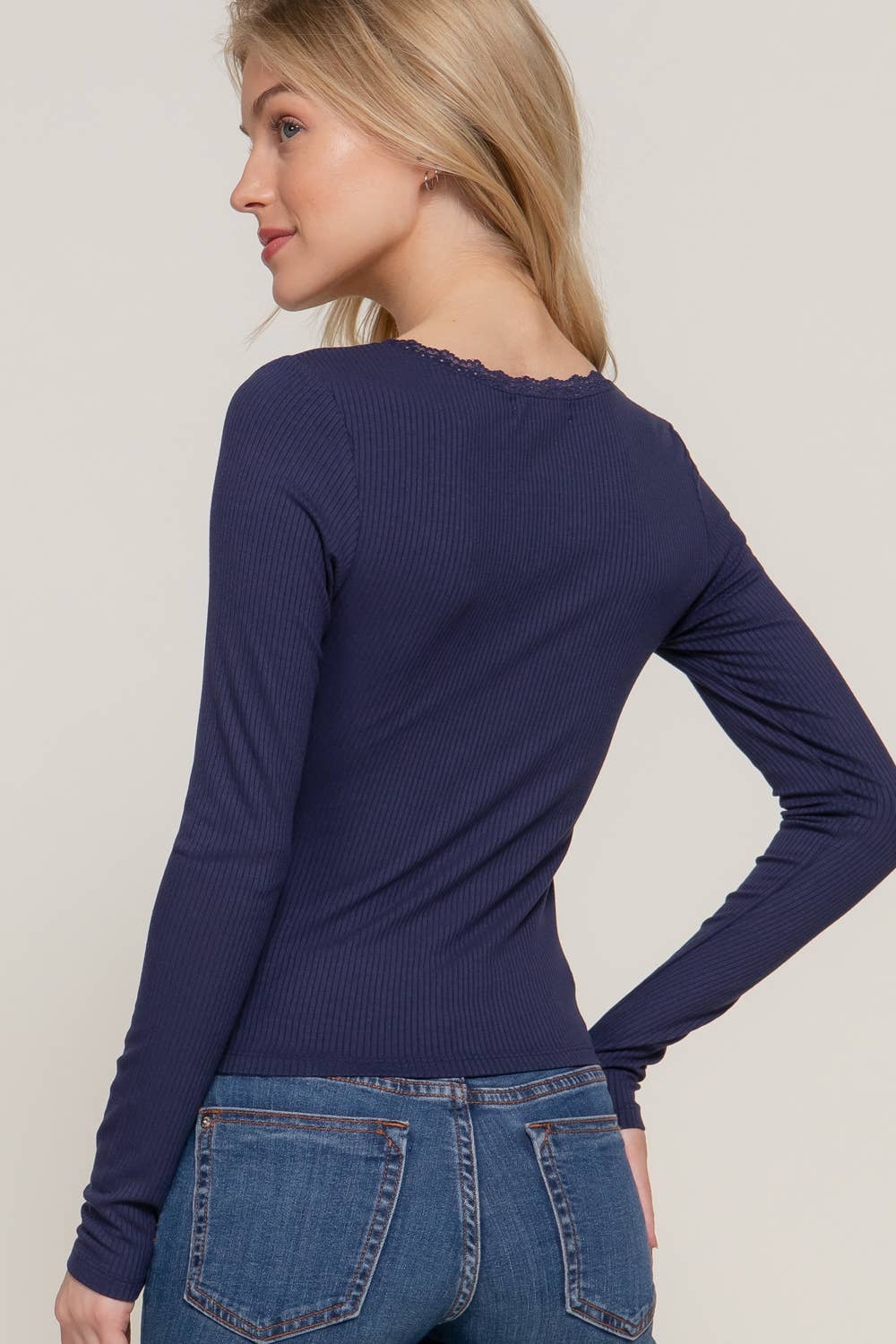 Long Sleeve Scoop Neck with Lace Trim Rib Knit Top - Rooted & Reckless Co.