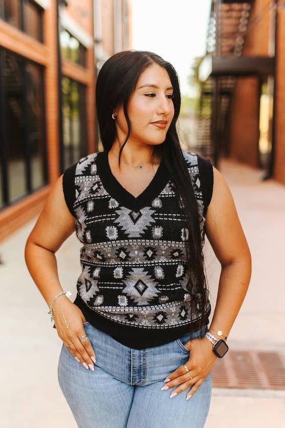 LUCKY & BLESSED Black Aztec Knit V-Neck Sleeveless Western Sweater Top — Monochromatic Southwestern Geometric (Medium remaining) - Rooted & Reckless Co.