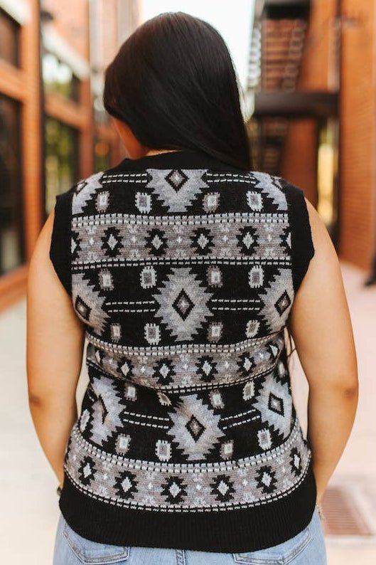 LUCKY & BLESSED Black Aztec Knit V-Neck Sleeveless Western Sweater Top — Monochromatic Southwestern Geometric (Medium remaining) - Rooted & Reckless Co.