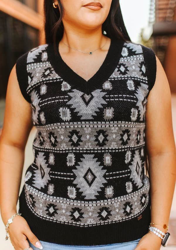 LUCKY & BLESSED Black Aztec Knit V-Neck Sleeveless Western Sweater Top — Monochromatic Southwestern Geometric (Medium remaining) - Rooted & Reckless Co.